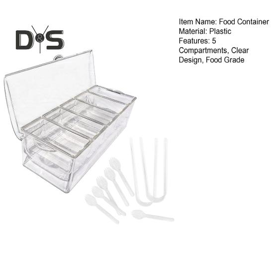 Clear Food Container with Lid Clip Spoon 5 Compartments Outdoor Picnic Fruits Vegetables Freshness Keeping Spice Condiment Storage Box Divided Tray