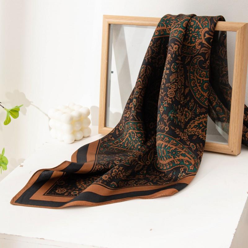 Black Coffee Leaf Print Silk Scarf 65x65cm Elegant Womens Square