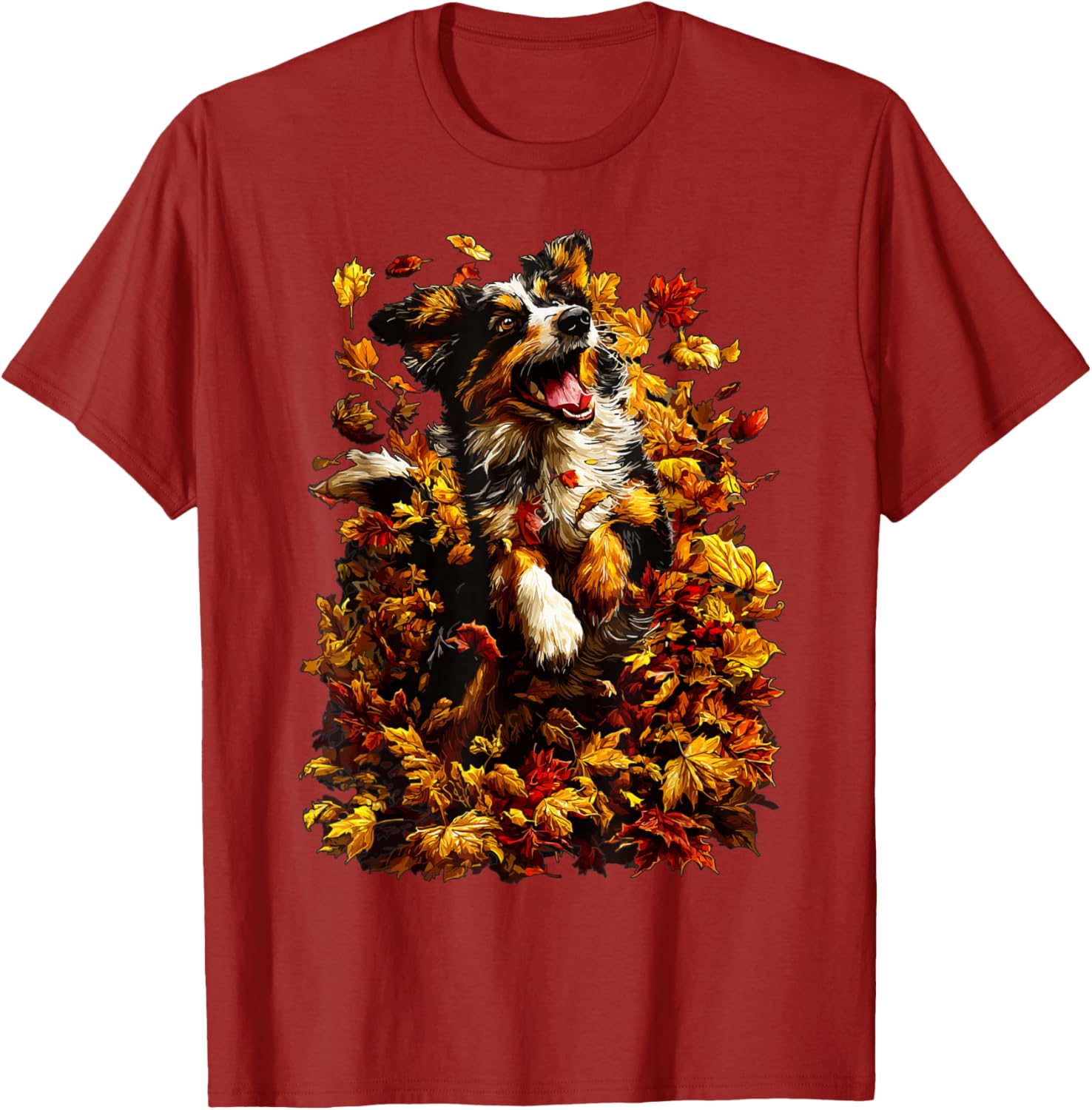 Australian Shepherd Dog Playing In Autumn Leaves Graphic T-Shirt Casual Cotton Tee S