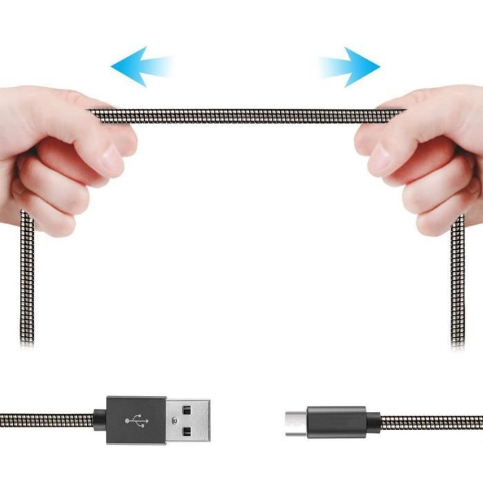 Câble Micro USB - Métal Noir - Lot de 2 - 1M - Compatible Android - Recharge rapide - Élégant
