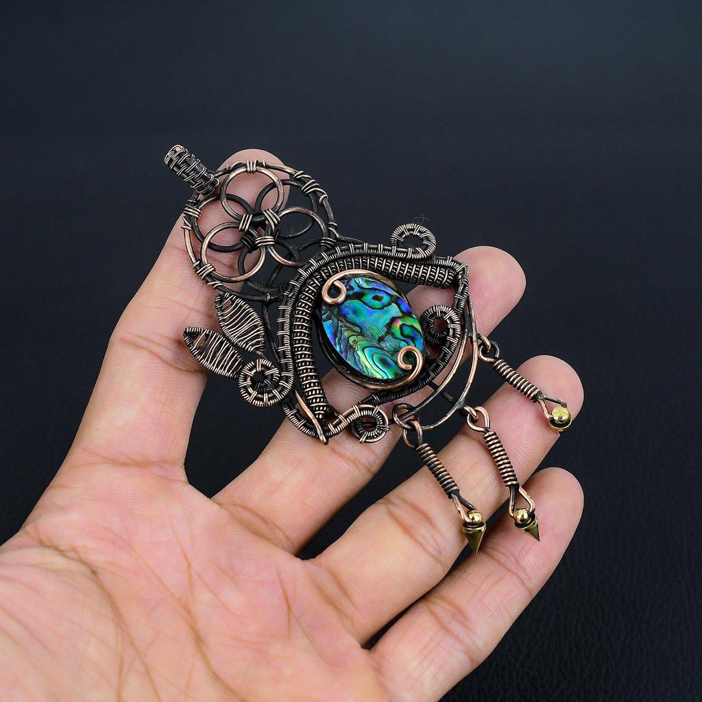 Abalone Shell 999 Copper Wire Wrapped Pendant, Handmade Gemstone Pendant Jewelry, Gifts For Wife Brand New Pendant