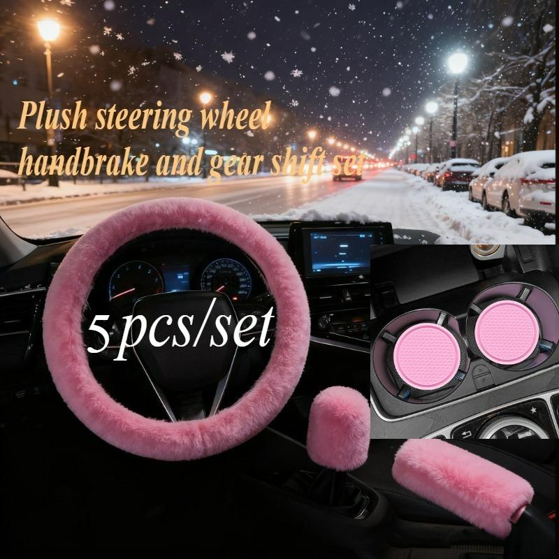5pcs Plush Car Steering Wheel Cover & Safetybelt Shoulder Protector, Handbrake Cover & Armrest Box Pad