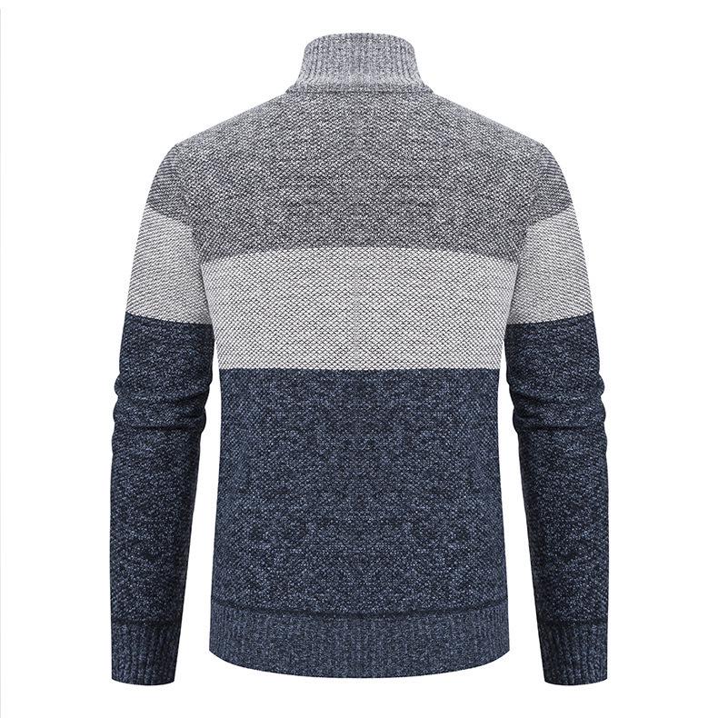 Men's Color Block Velvet-Lined Knit Cardigan with Stand Collar for Fall/Winter