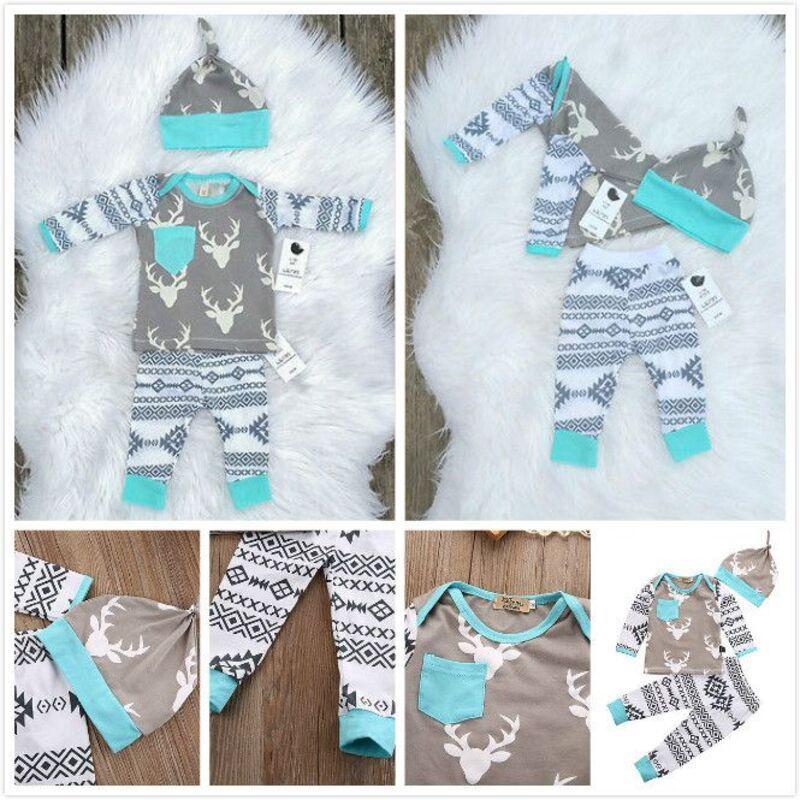 Adorabile Set di 3 Pezzi per Neonato e Bambino Maschio Cervo T-shirt Pantaloni Cappello