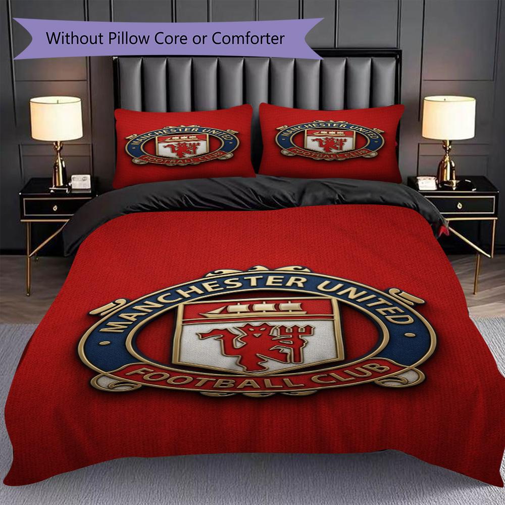 Manchester Emblem Three-piece set (1 * duvet cover + 2 * pillowcase, without core) 2D Flat Duvet cover and pillowcase Bedding set Soft and comfortable