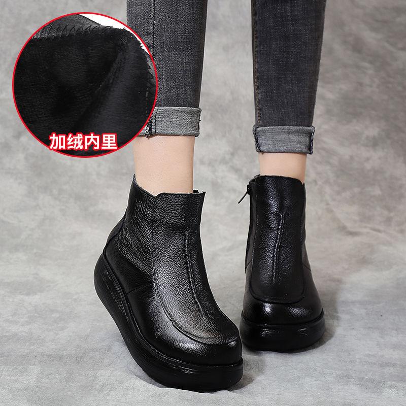 Classic Black Cow Leather Boots Ankle Fur Sneakers Woman Waterproof Platform Rain Boots Round Toe High Heeled Ankle Snow Shoes