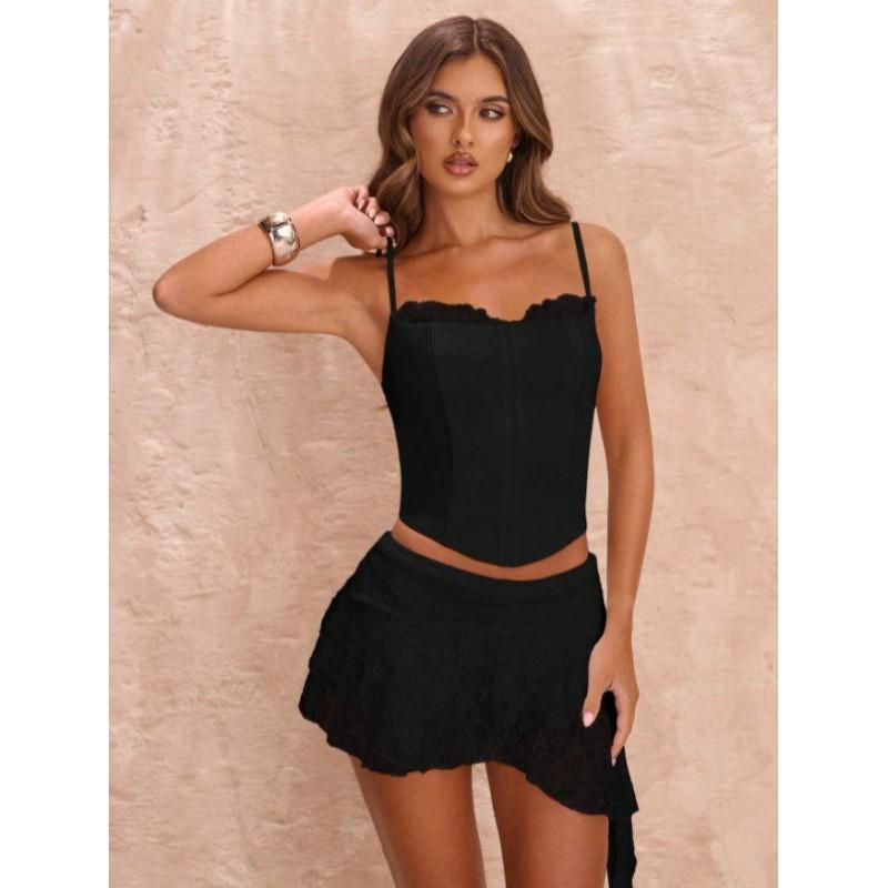 Black Lace Cropped Camisole Top Women High-Waisted Stretchy Knit Wrap Style Wide Strap Sleeveless Crop Extra Small