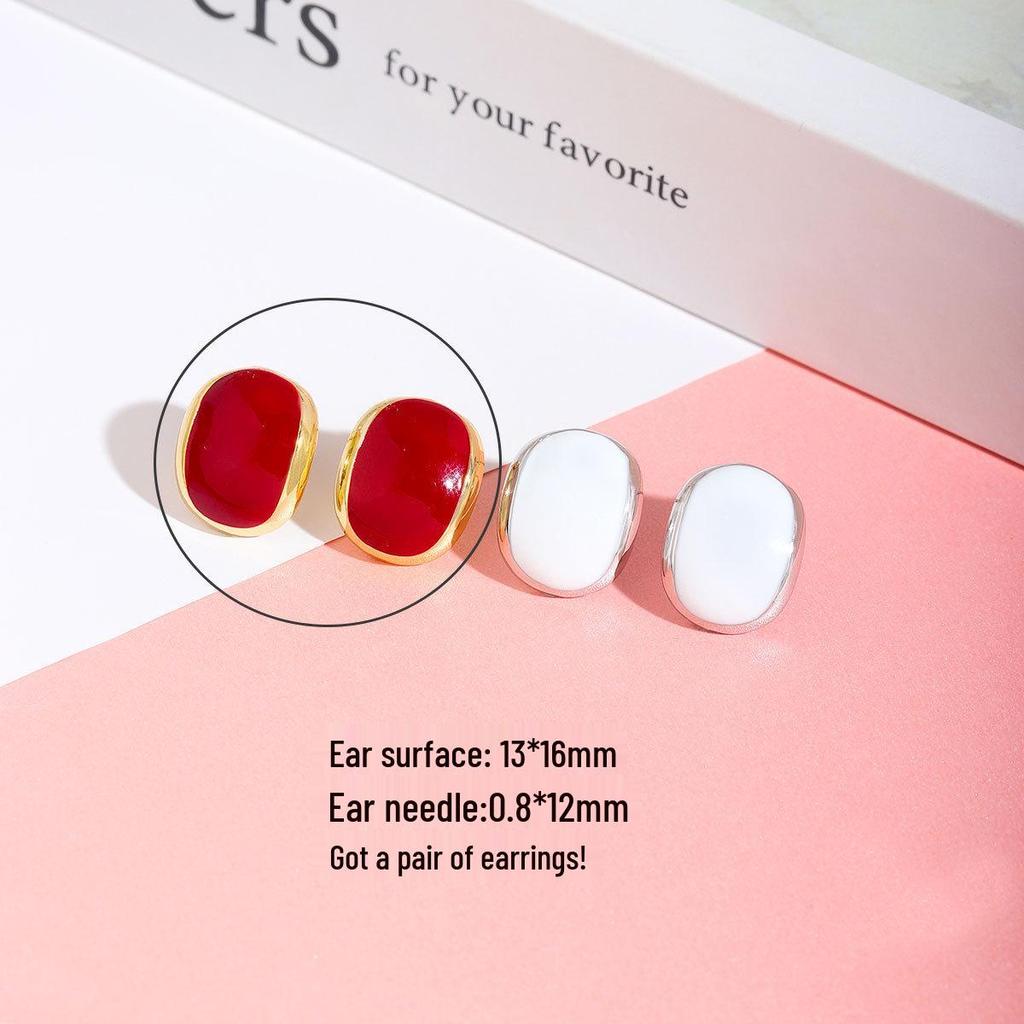 Gold-Plated Red & White Soy Milk Drop Earrings - French Retro Minimalist Oval Design for Women.