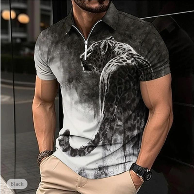 Casual Lapel T-shirt Young Men's Fashion Zipper T-shirt Short Sleeve T-shirt Men's 3D Mighty Men's Short Sleeved Animal Pattern Print T Shirt