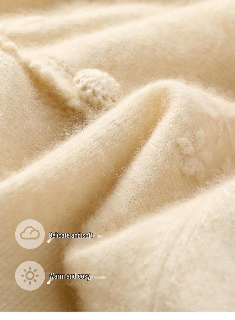 Women's 100% Pure Wool Embroidered Cardigan - Soft, Loose, Solid Color Knit Sweater for Autumn and Winter.