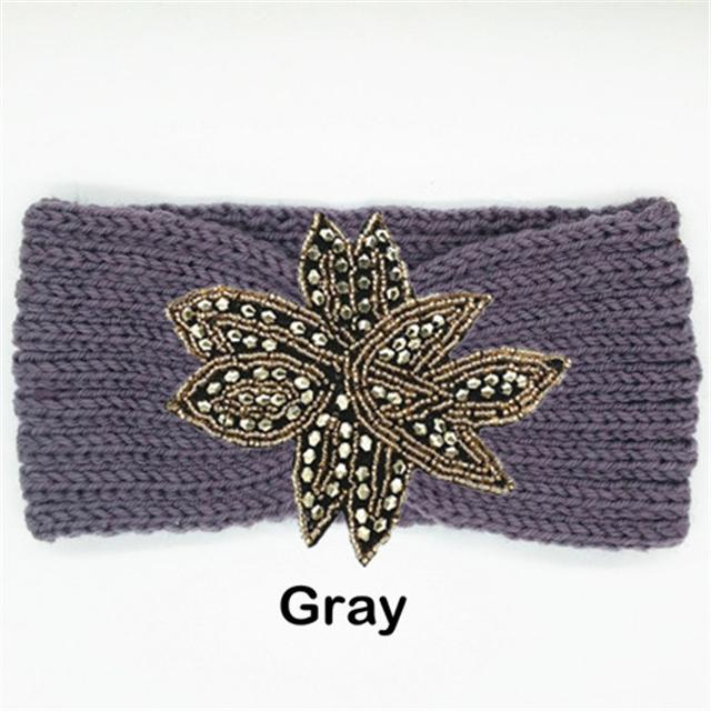 Crystal Beaded Flower Knit Headband For Women Winter Wool Ear Warmer Hairband Turban Headwrap Hair Accessories Bandeau