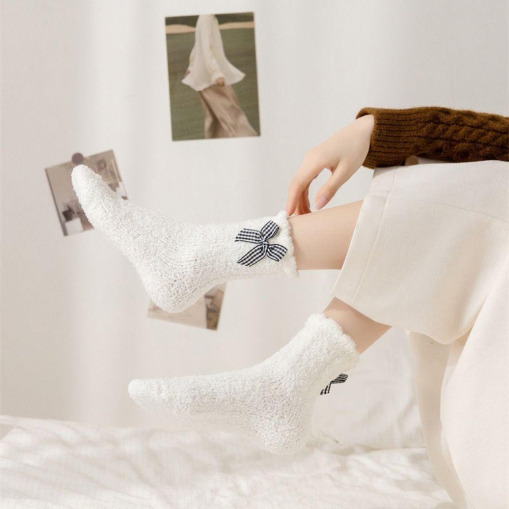 3Pairs Plush Bow Fleece Socks Solid Color Sleeping Socks Women Fashion Coral Fleece Socks  Girls