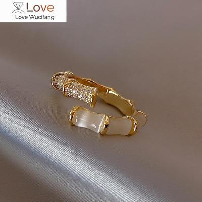 Real Gold Plating Korea New Design Fashion Jewelry Luxury Zircon Opal Bamboo Ring Elegant Women Daily Work Open Ring Accessories