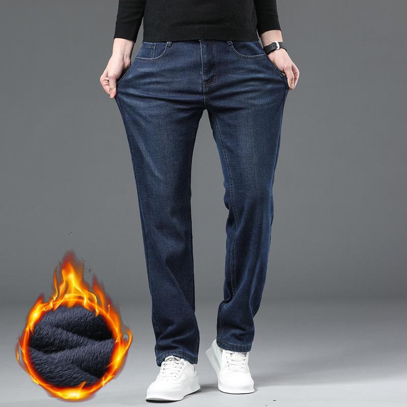 Men's 2024 Winter Thickened Velvet Jeans - High Waist, Straight-Leg, Large Size, Elastic Casual Pants