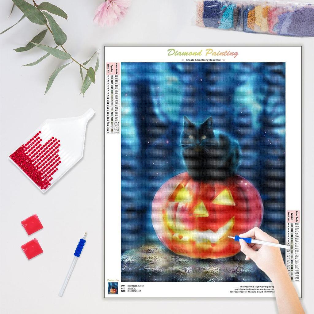 5D diamantmaleri Black Cat Pumpkin Diamond Brodery Halloween Mosaic Rhinestone Kit Gift 30x40cm/12x16inch