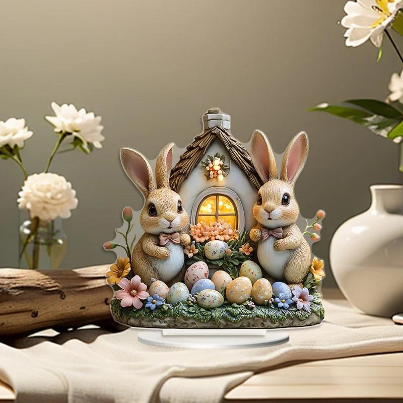 Cute Easter Bunny Ornament Flat Acrylic Ornament Rabbit House Single Desktop Home Office Garden Ornament Yard Decoration Gift