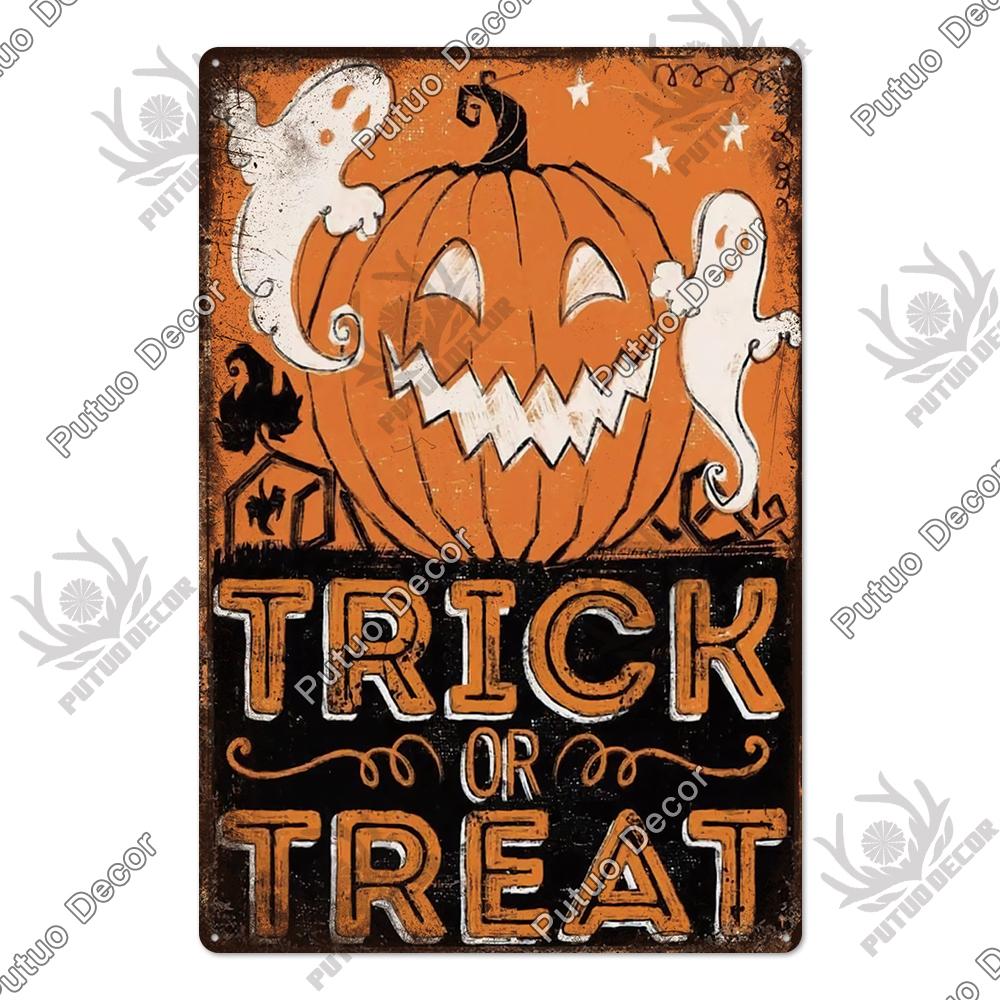 Putuo Decor Halloween Vintage Tin Signs Plaque Metal Plate Retro Poster Wall Art Decoration for Home Bar Living Room Door Yard