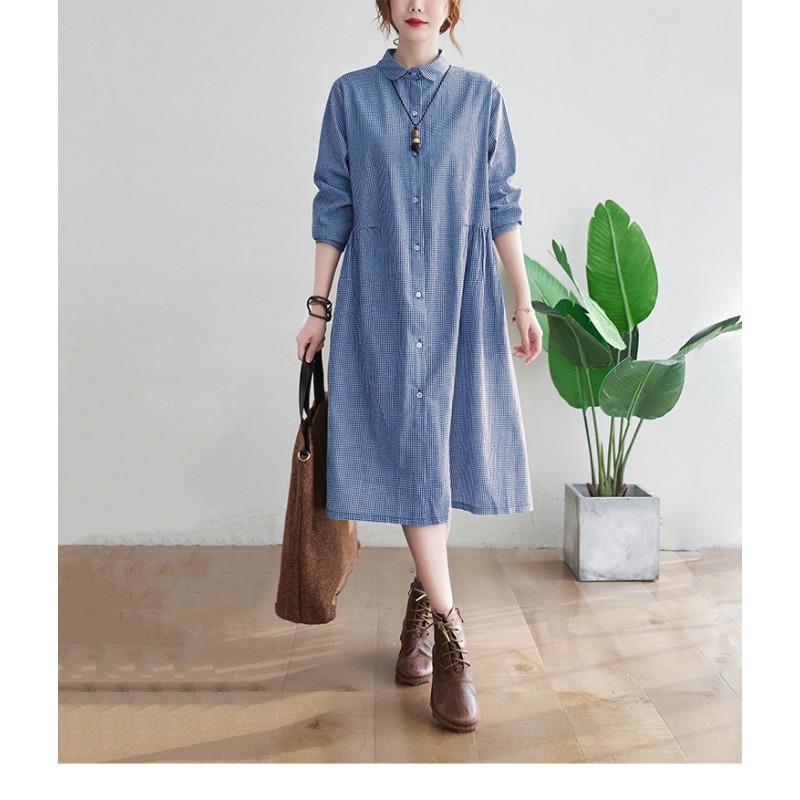 Loose Plus Size Women's Cotton Linen Checkered Shirt Skirt