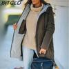 BITCED Autumn/Winter Hooded Solid-Colour Cotton Coat Long-Sleeved Slim-Fit Pocketed Longline Jacket