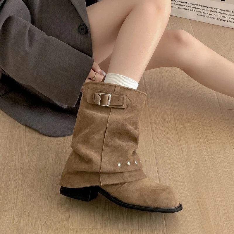 Winter Pleated Women Western Ankle Boots Fashion Rivet Belt Buckle Shoes Ladies Concise Vintage Thick Heel Short Booties