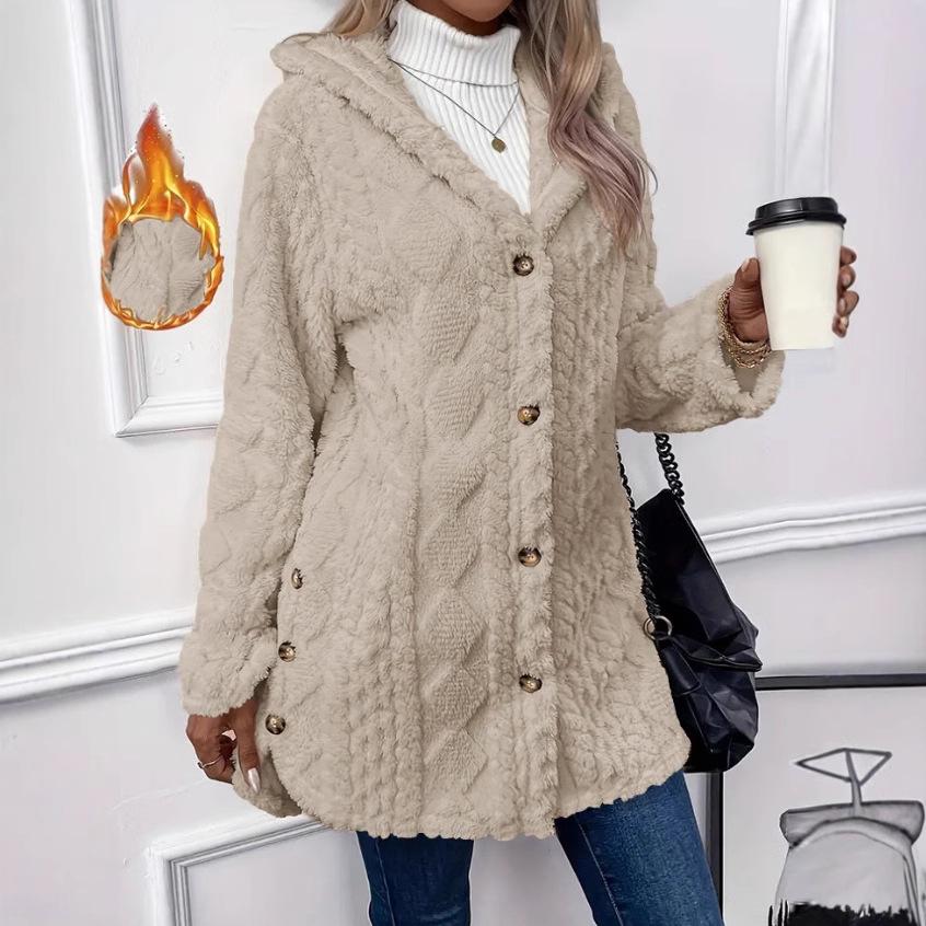 2024 Autumn/Winter Women's Mid-Length Plush Hooded Coat - European & American Style
