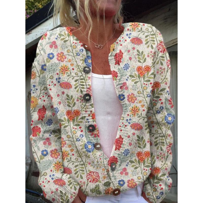 Cardigan Tricot Femme Col Rond Boutonnage Simple Imprimé Floral Manches Longues Vêtement d'Extérieur Décontracté