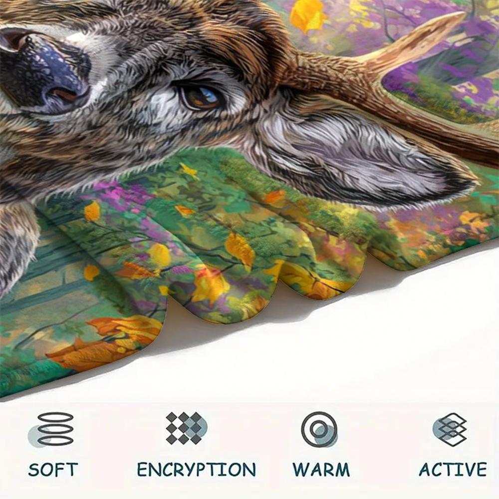1Pc Deer in Forest Print Flannel Blanket, High quality Comfortable for All Seasons, Home Decor, Warmth and Comfort, Perfect for Gifts