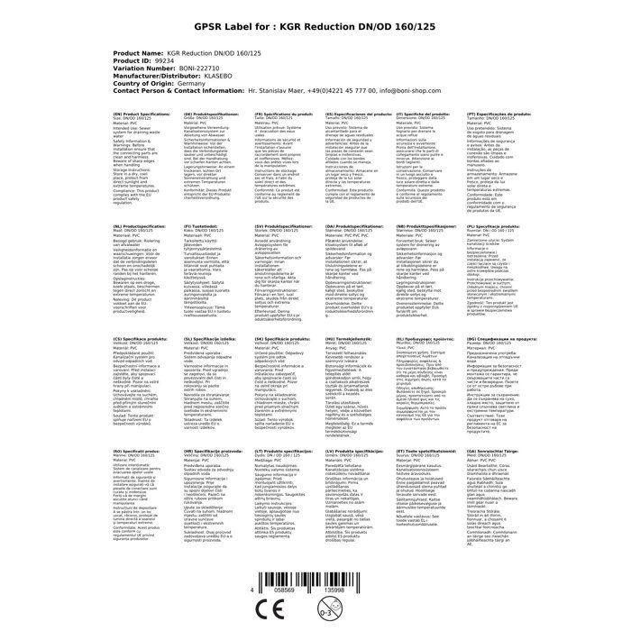 KG Reduction 160/125, Pipeline Reduction, Drain Pipe