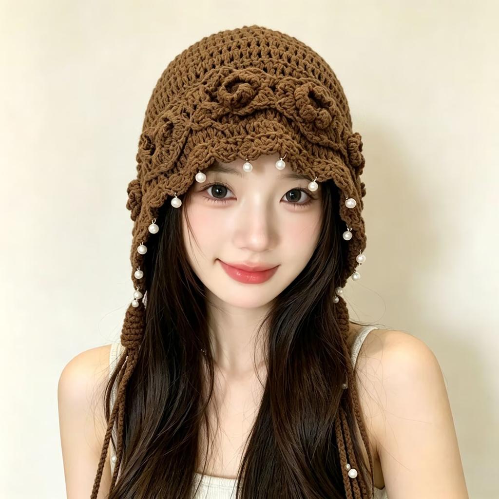 Pearl tassel three-dimensional flower knitted wool hat women's spring and summer hand-woven ethnic style pullover hat Baotou hat