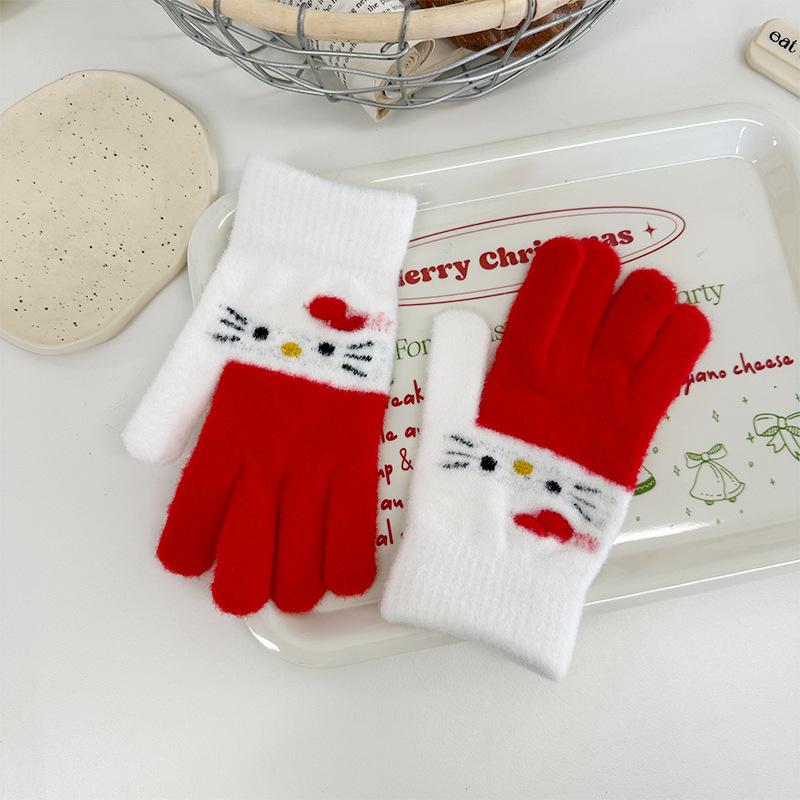 

Милые мультяшные лоскутные теплые вязаные перчатки с котиком Каем для девочек на осень и зиму, плюшевые перчатки с пятью пальцами для велосипеда One size