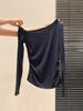 Black and gray striped slanted shoulder off-the-shoulder long-sleeved bottoming  T-shirt for women's early autumn wear with pleated slim-fitting top