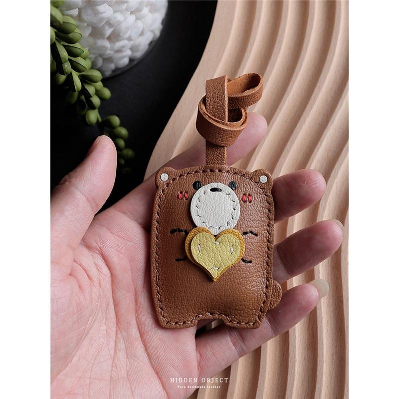 Teddy Bear Bag Keychain Genuine Leather Car Accessory Handmade Small Decoration