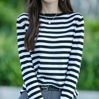 Navava Women Casual Stripe Round Neck Long Sleeve Knit Tee Nk3139