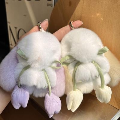Fashion Tulips Rabbit Fur Keychain Fluffy Dolls Cute Bunny Pendant Alloy Ring Bag Charm Plush Rabbit Key Ring Couple Pendant