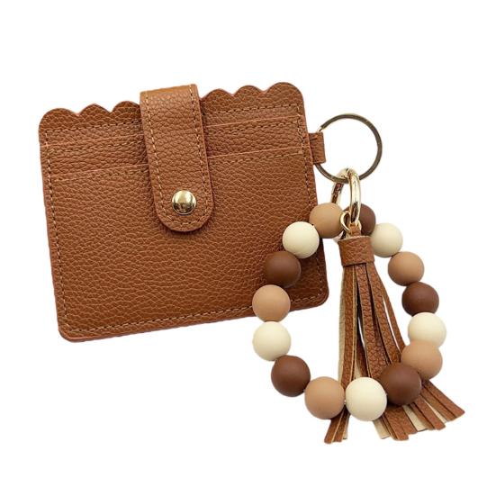 Silicone Bracelet Keychain Wallet Beaded Wristlet Credit Card Holder with Tassel Slim Card Wallet with ID