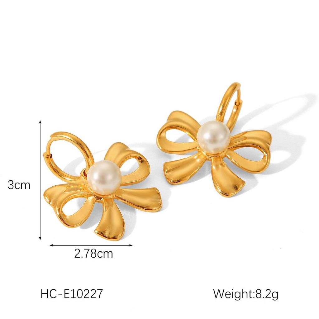 18K Gold French-Style Bow Studs with Titanium Steel, Butterfly, and Pearl Accents