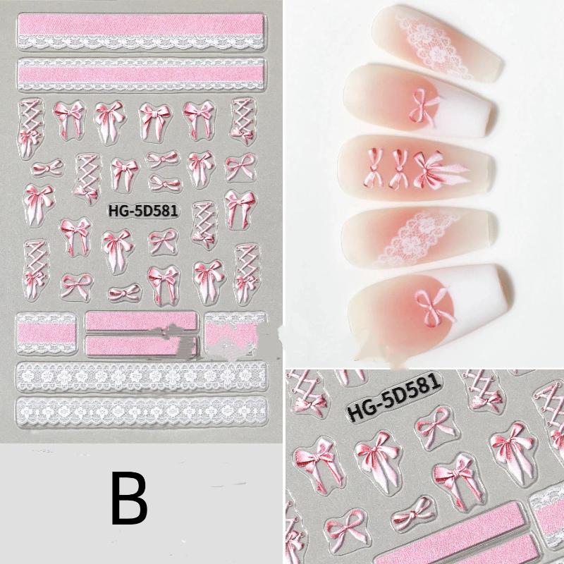 5D Ballet Bow Lace Embossing Self Adhesive Nail Art Stickers Shiny Charming Manicure Decals Nail Supplies