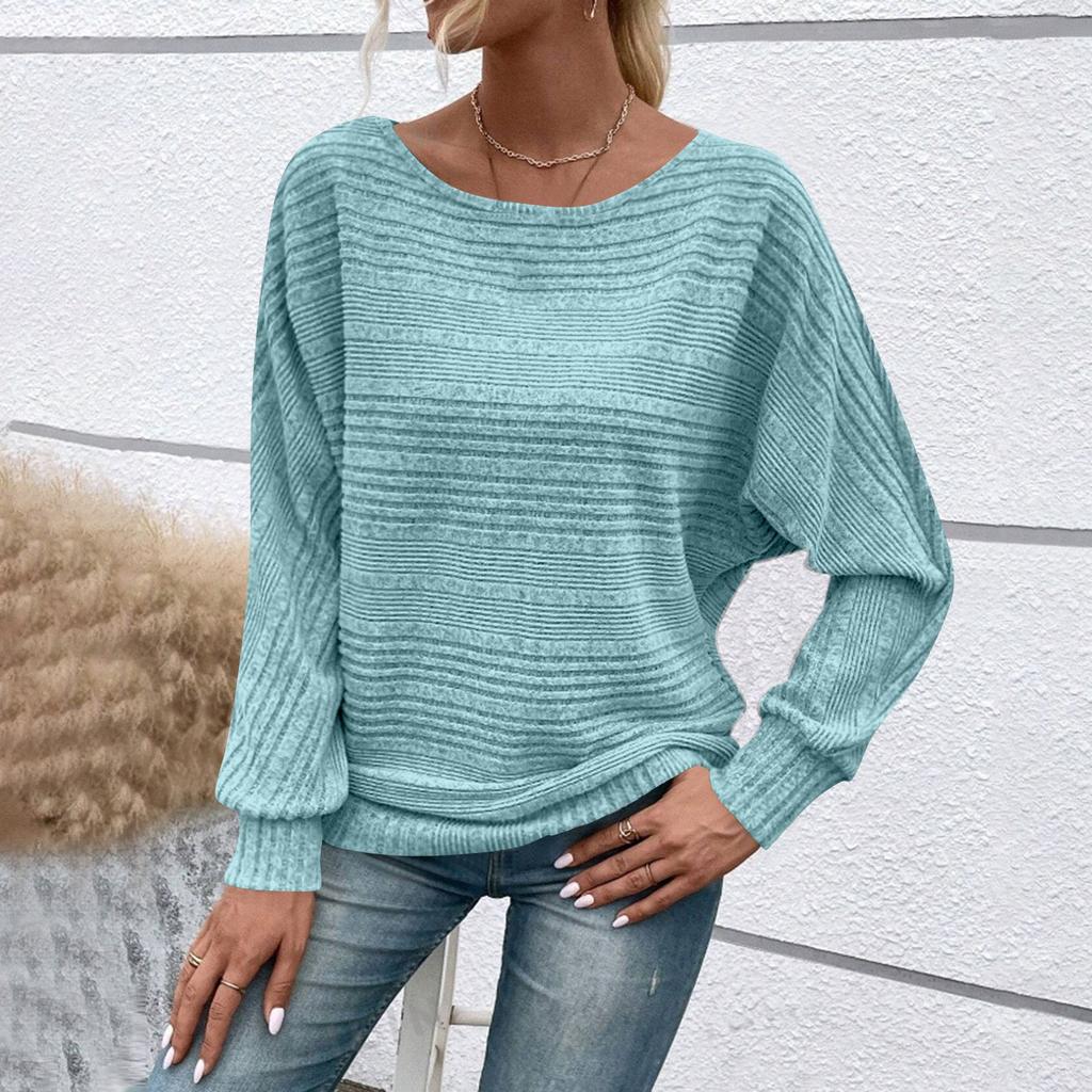 Women's Fashionable Solid Color Round Neck Long Sleeved Casual Pullover T-shirt Top