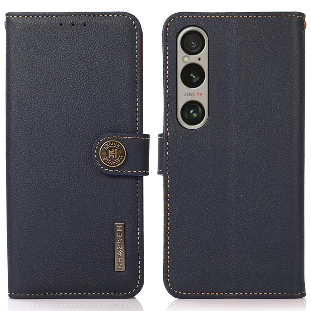 

KHAZNEH For Sony Xperia 1 VI Case Wallet RFID Blocking Genuine Cow Leather Phone Cover Blue