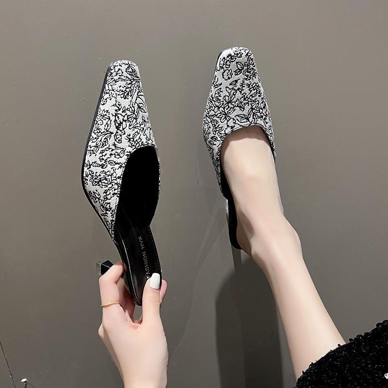 Pointed High-heeled National Style Versatile Outer Wear Thick Heels Cool Slippers Women's 2025 Baotou Half Slippers Women's Fashion New