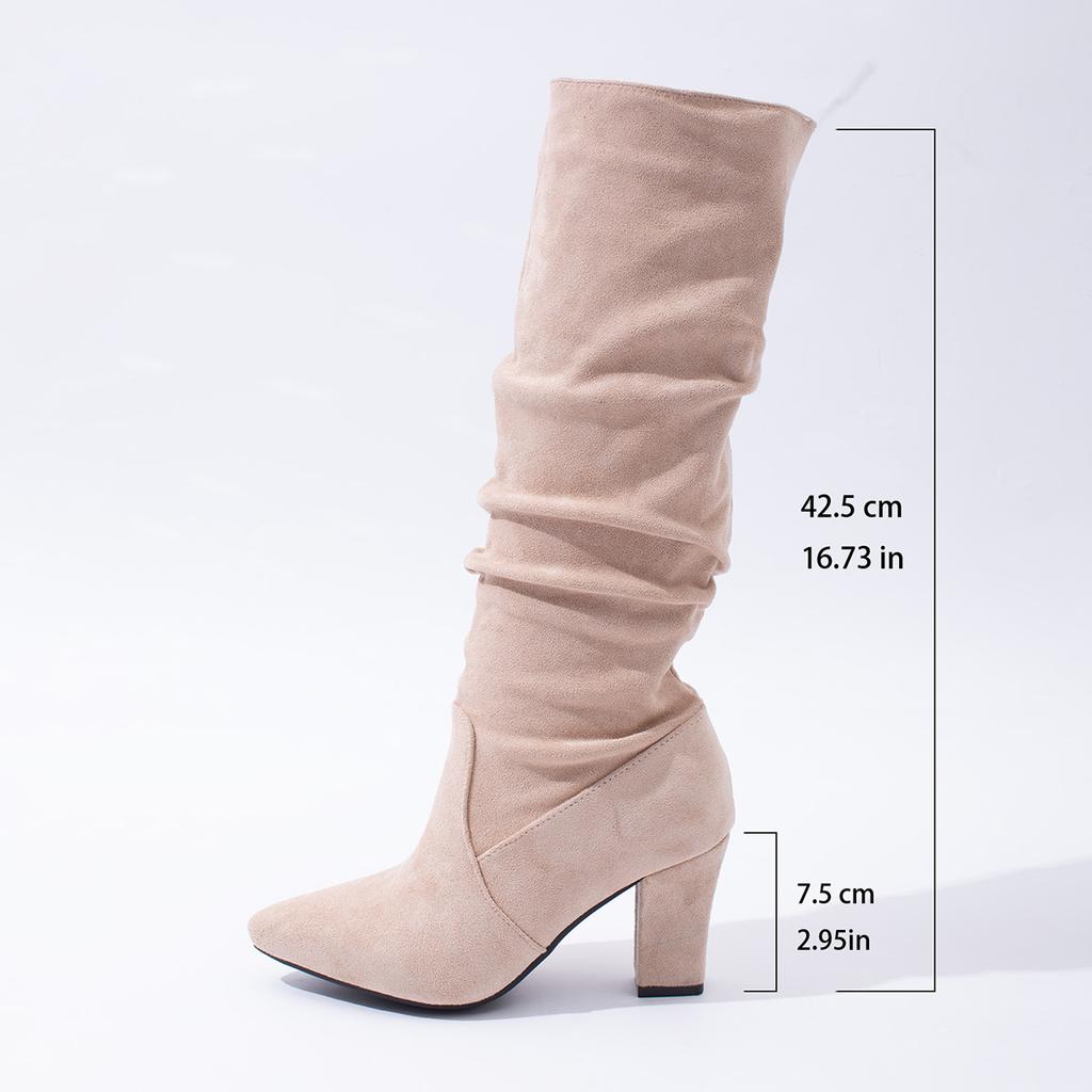 Fashion Elegant Cream White Faux Suede Knee Boot Woman Point Toe Block Heel Pull-on Long Booties Ladies Autumn Pleated Design High Botas
