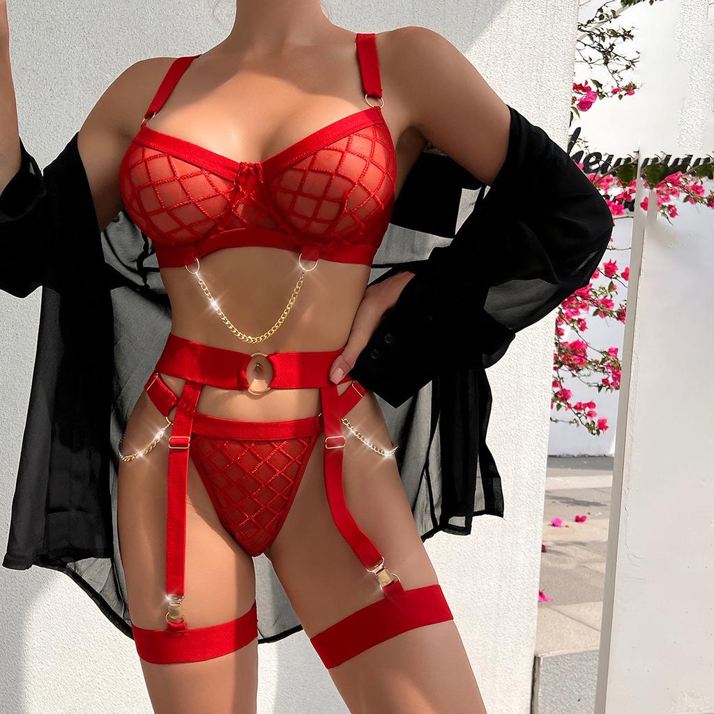Yimunancy Mesh Lingerie Set Women Transparent Plaid Bra + Chain Brief Sexy Underwear Set Red Erotic Garter Kit