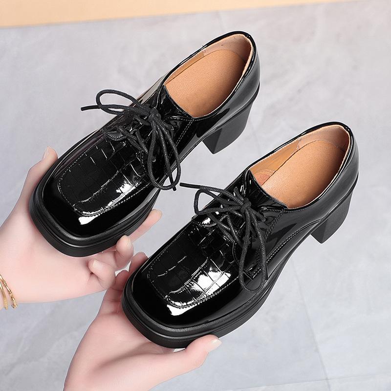 Veterschoenen, Leren Schoenen voor Lente en Herfst, Werkschoenen voor Dames, Dikke Hakken, Plateau Hoge Hakken