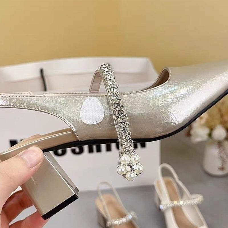 Fashion Champagne Gold One Strap Block Heel Baotou Sandals Mary Jane Women's Shoes 2025 Summer New Rhinestone