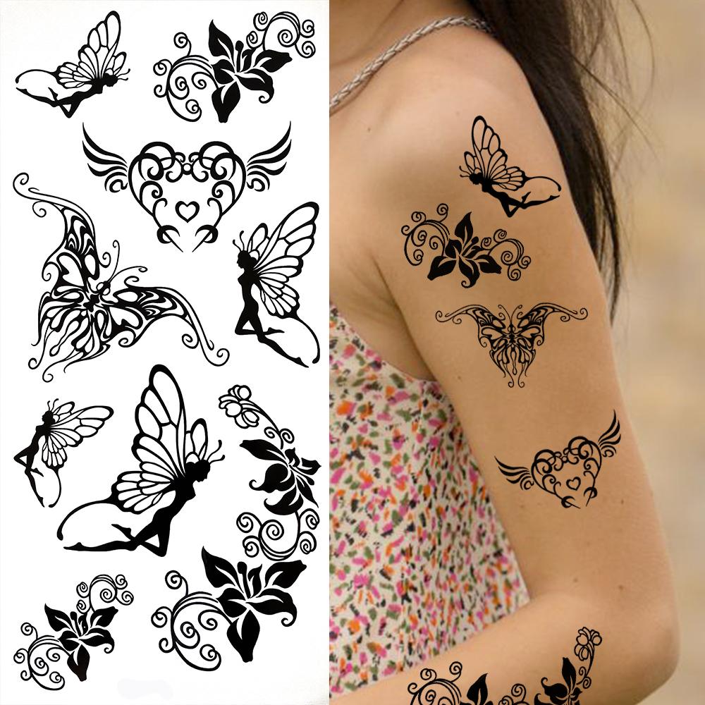 Blue Flower Temporary Tattoos For Women Girls Fake Peony Orchid Rose Tattoo Sticker Forearm Decoration Tatoo Paper Vine Planet