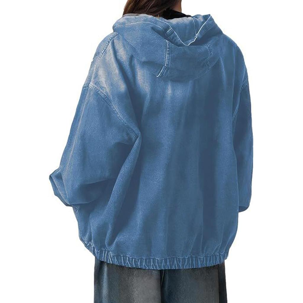 Women's Fashion Casual Zipper Denim Hooded Denim Jacket Coat
