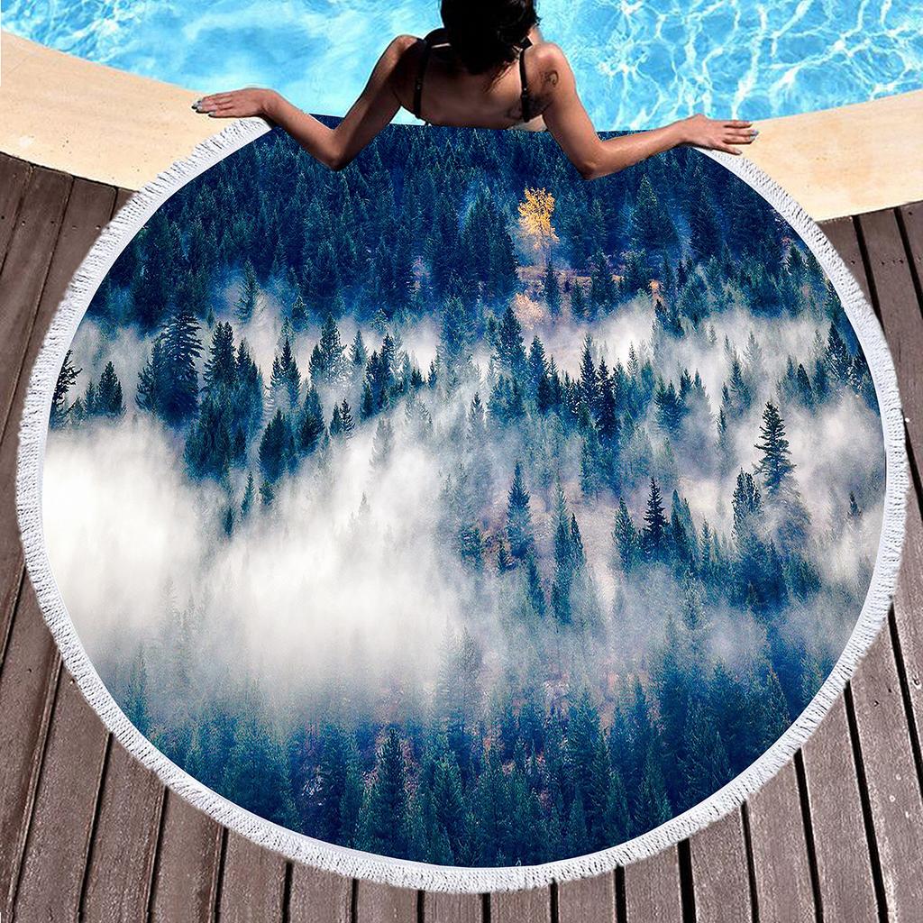 Round Beach Towel,Mysterious Foggy Forest Polyester Sand Resistant Beach Blanket,Absorbent Quick Dry Pool Towel Soft Picnic Mat