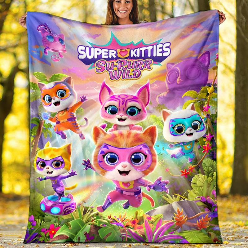 1pc Super Kitties Adventures1 Theme Soft Flannel Throw Blanket - Digital Print, Polyester, Cozy for All Seasons, Perfect for Outdoor, and Travel