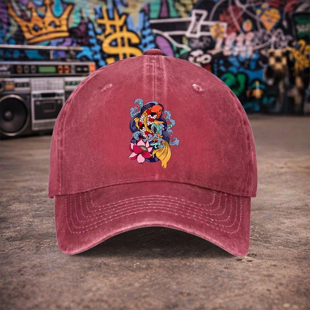 Pc Unisex And Wind Koi Lotus Vintage Washed Baseball Cap  UnisexS Trendy Hat  Versatile Duckbill Cap  Fun Print  Unique Birth