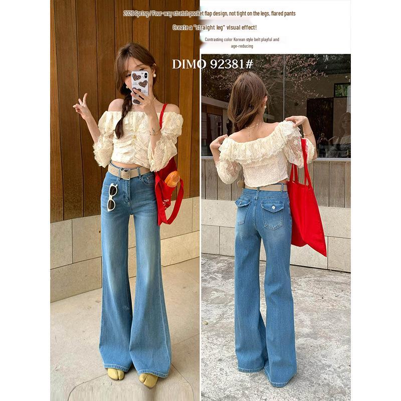 

2026 Spring Korean Style Women s Flare Jeans, Four-Way Stretch, Relaxed Fit, Pocket Design Small синий